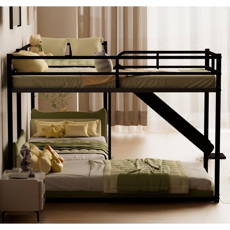 L-Shaped Metal Bunk Bed with Slide, Guardrails & Storage Space