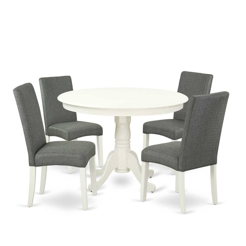 Round Dinette Set 5Pc - 42 Inch Table & 4 Chairs - City Sleek Design - Linen White Legs - Gray Fabric