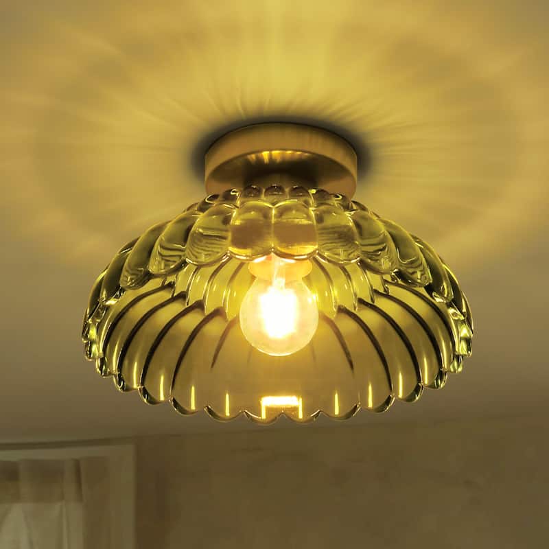 1-Light Vintage Brass Finish Metal Semi-Flush Mount Ceiling Light with Amber/Green/Grey/Clear Glass Shade for Kitchen, Hallway