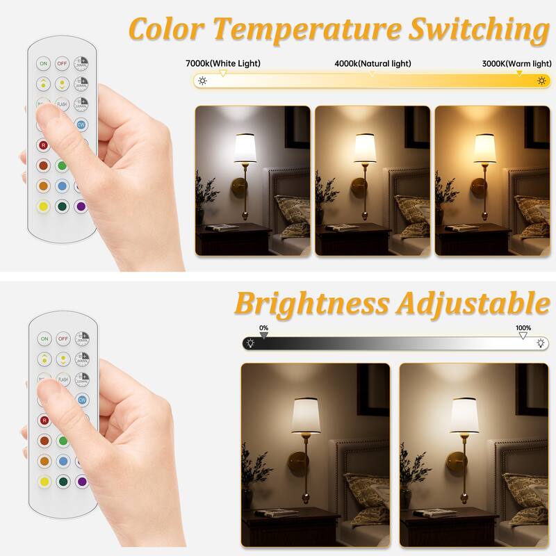2-Pack Battery Operated Wall Sconces Rechargeable with Remote Control Dimmable 15-Color Light - N/A