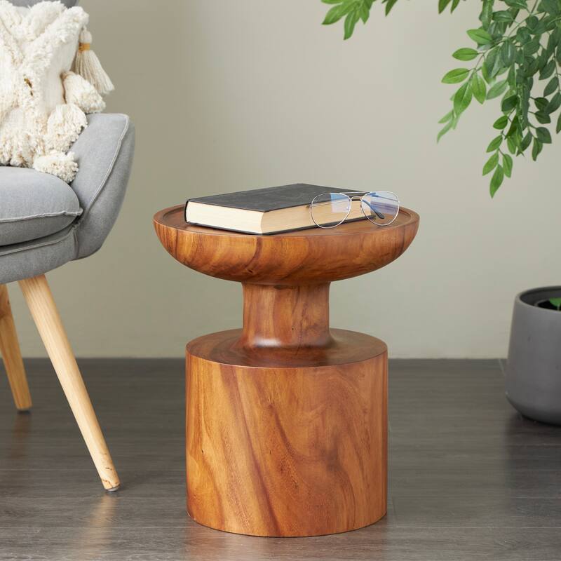 Brown Wood Handmade Side End Accent Table with Cylinder Block Base