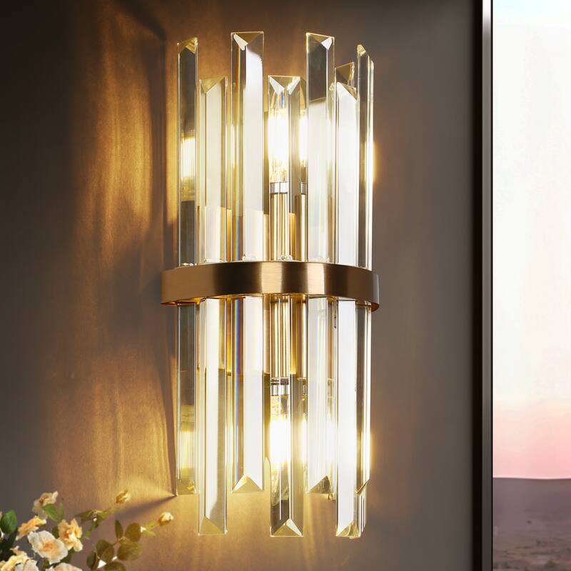 Modern 2-Light Glam Crystal Bathroom Vanity Lights Gold Wall Sconce - W6" x H12"