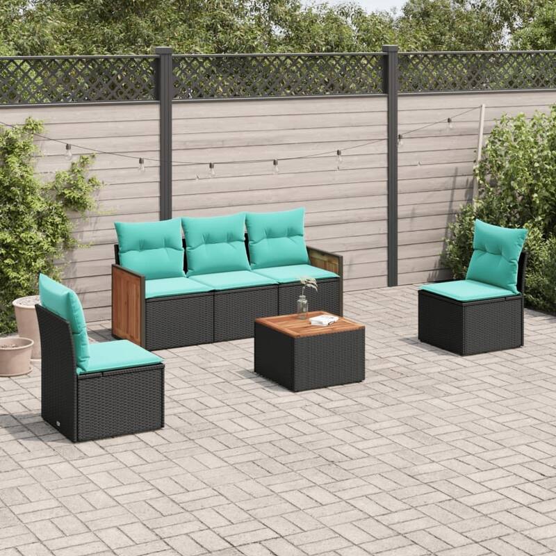 vidaXL 5 Piece Patio Sofa Set with Cushions Black Poly Rattan - 21.7x27.2x24.4-With table