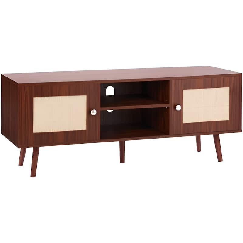 Mid Century Modern Rattan TV Console for Living Room and Media Room - Walnut