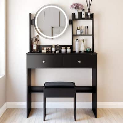 Small Space Makeup Vanity Set with Round LED Mirror, Touch Control Lighting, Large Storage Desktop and Stool Included