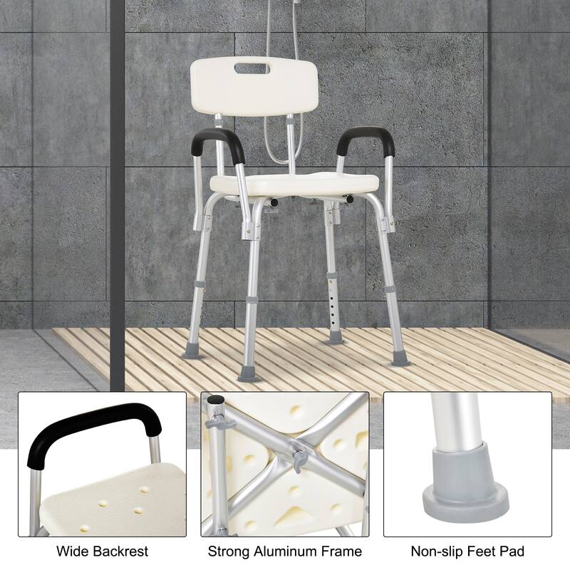 HomCom Adjustable Medical Shower Chair w/ Arms and Backrest - 21" L x 16 - 17.5" W x 28.5" - 33" H