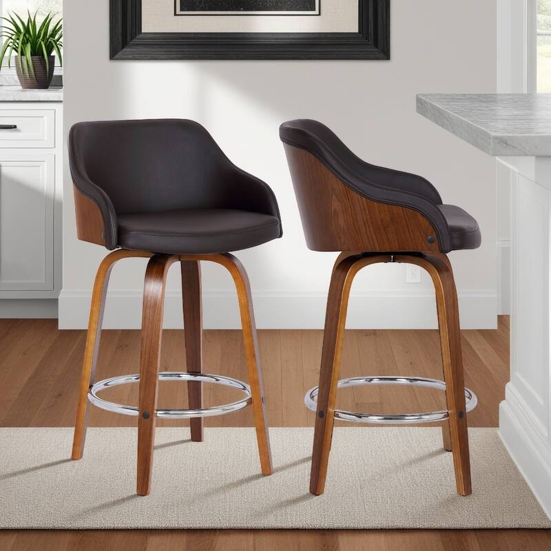 Alec Upholstered Wood Counter or Bar Swivel Stool - Brown & Walnut - Counter Height