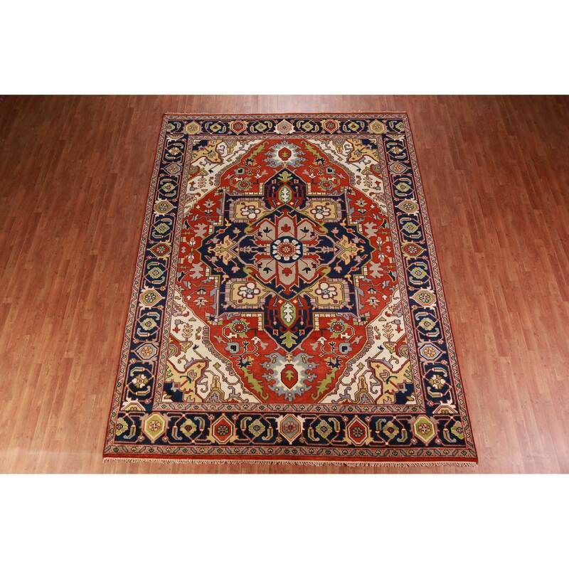 Geometric Orange Heriz Serapi Oriental Rug Hand-Knotted Wool Carpet - 9'0" x 11'10"