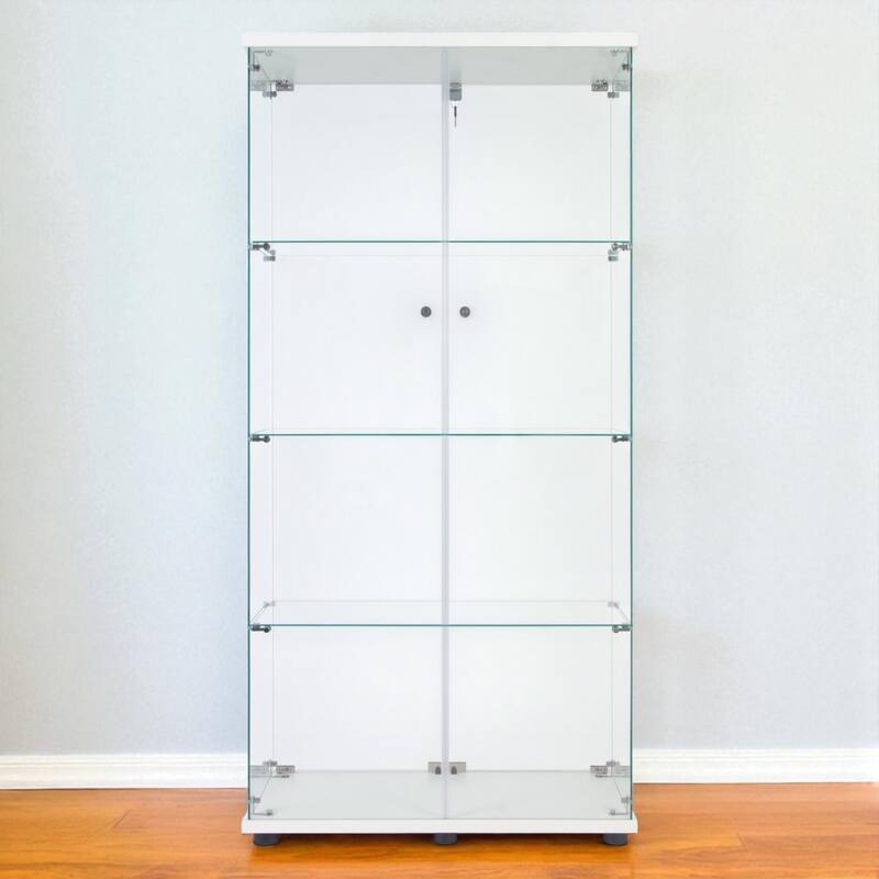 LED Glass Display Cabinet with 4 Shelves, Two Doors and Remote-Control Color Lighting - White