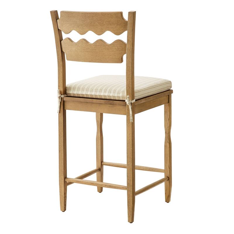 Jax Oak Wood Counter Stool With Wavy Razor Back and Cushion