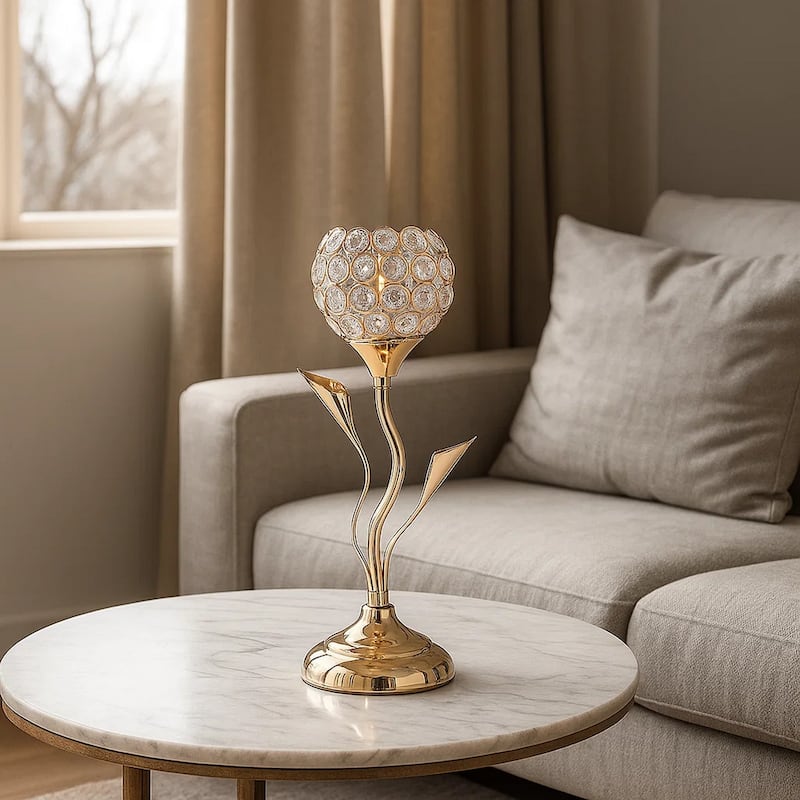 Metal Table Lamp with Floral Shade and Acrylic Crystals, Gold