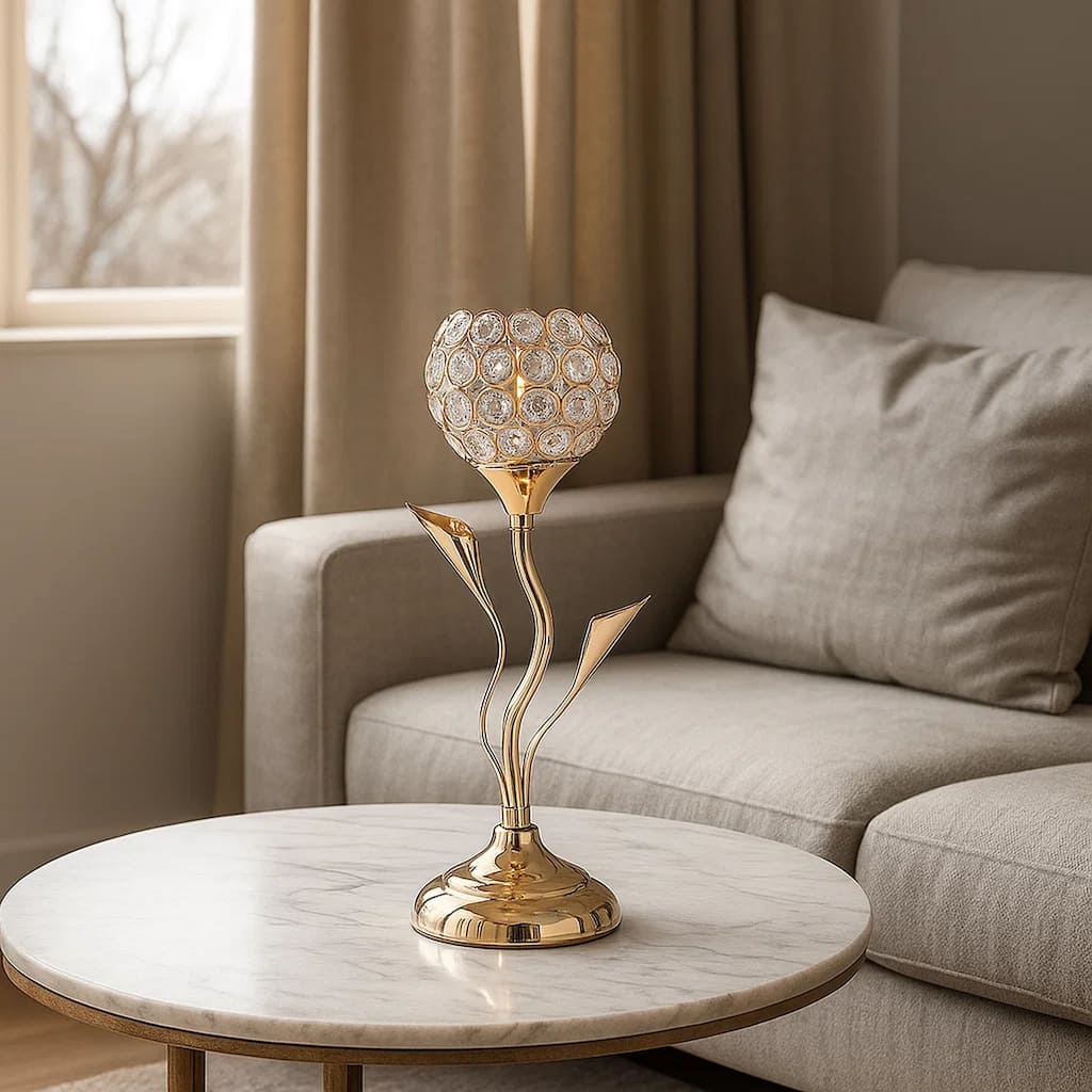 Metal Table Lamp with Floral Shade and Acrylic Crystals, Gold