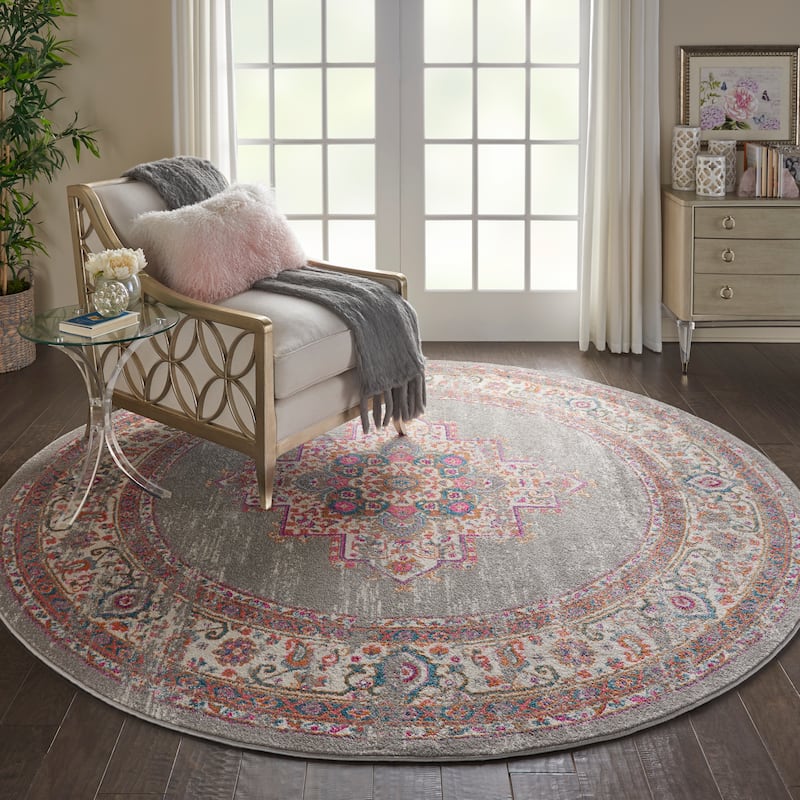 Porch & Den Dobbin Vintage Persian Medallion Farmhouse Area Rug - 8' Round - Grey/Pink