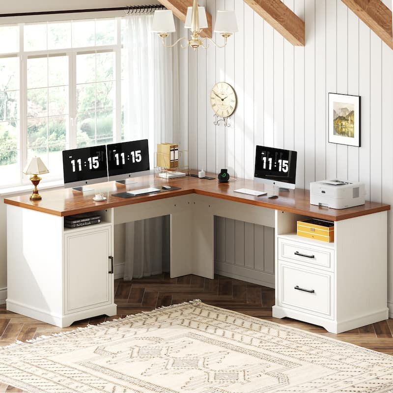 French Country L Shaped Desk with Charging Station, Office Computer Table with File Cabinet - White&Brown