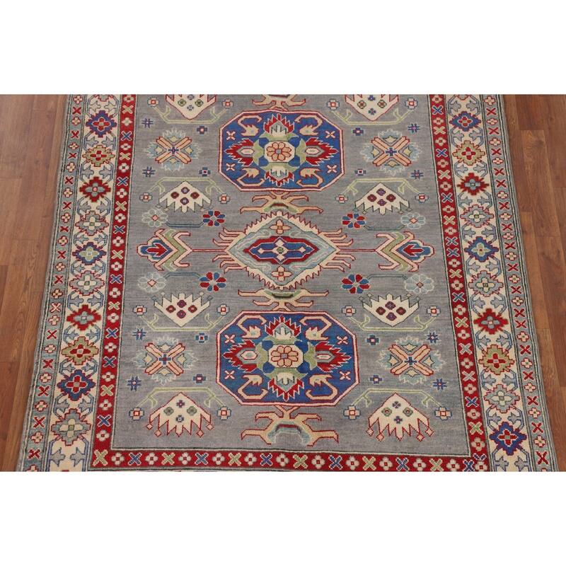 Gray Geometric Kazak Area Rug Hand-Knotted Wool Carpet - 5'2" x 6'7"