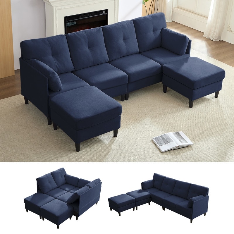 Mixoy W87"U-Shaped Sectional Couches,Velvet 4-Seater Convertible Sofa With Movable Storage Ottomans