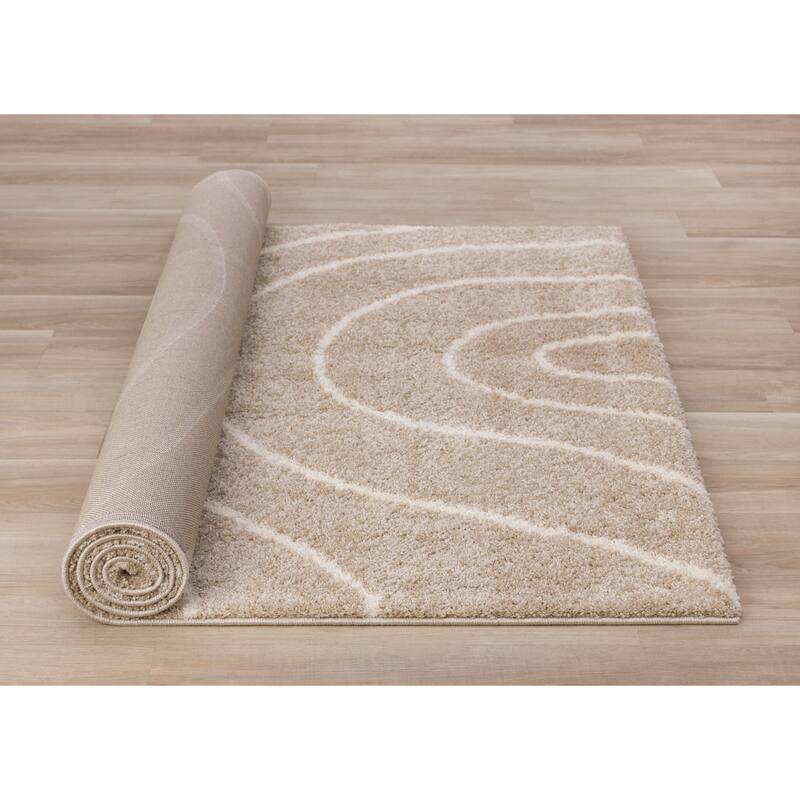 Taupe Cream Curved Lines Shag Living Rug