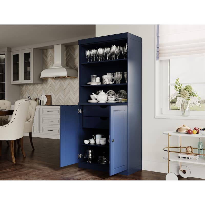 100% Solid Wood Kitchen Pantry Cabinet with 2 Clear Glass or Solid Wood Doors and 2-Drawer Organizer by Palace Imports - Navy - Solid