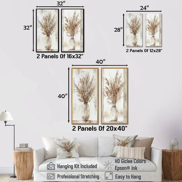 Beige White Boho Plant Chic I - Boho Feather Framed Wall Art Set Of 2 - Traditional Wall Art Decor 2 Pieces