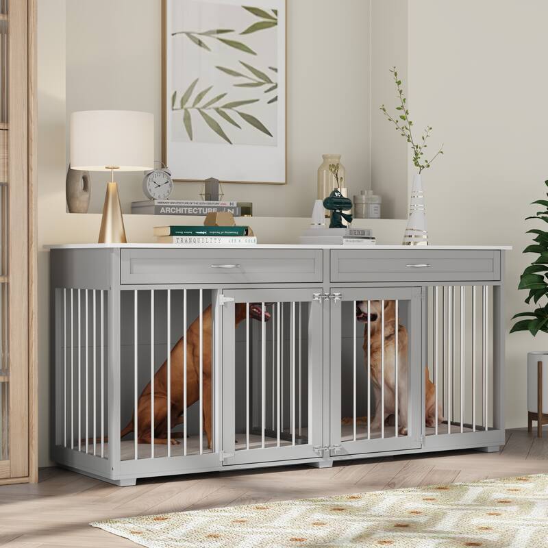 72.4 Inch Wooden Large Furniture Dog Crate with Drawers & Divider