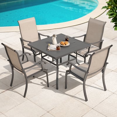 Patio Metal Textilene Dining Set of 5 with Umbrella Hole and High Backrest