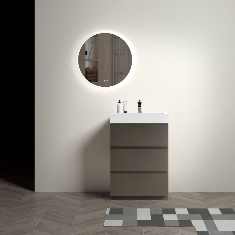 GDFStudio - Alice Walnut Freestanding Bathroom Vanity with One-Piece Matte Black Sink, Modern Handle-Free Design, Pre-Assembled