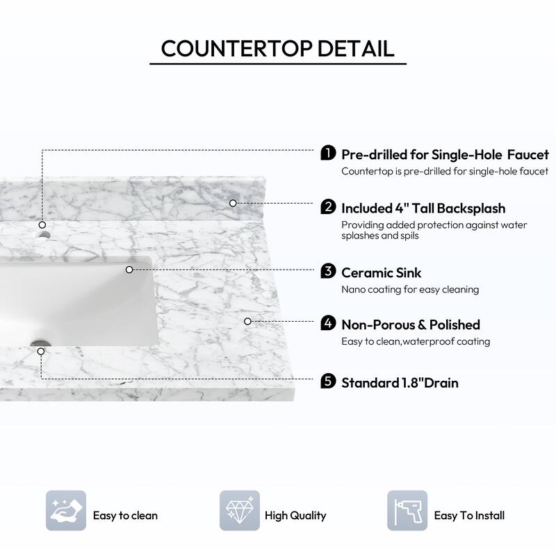 Zevio Natural Marble Vanity Top in Carrara White with Ceramic Sink