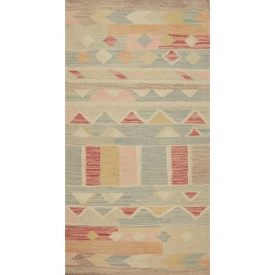 Hand Woven Oriental 100% Wool Carpet Southwestern Geometric Multi-Colored Kilim Area Rug - 4' 1'' X 2' 0''