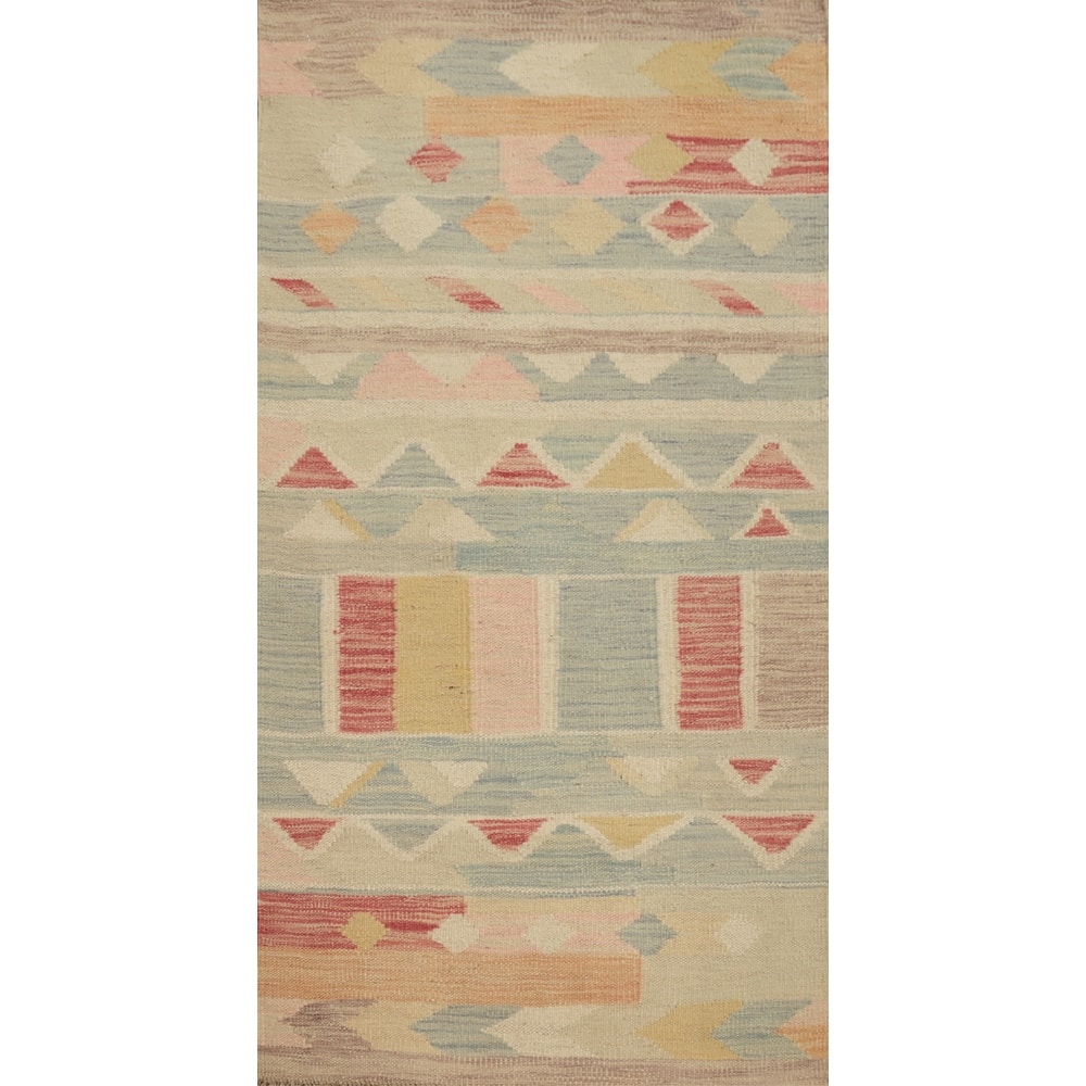 Hand Woven Oriental 100% Wool Carpet Southwestern Geometric Multi-Colored Kilim Area Rug - 4' 1'' X 2' 0''