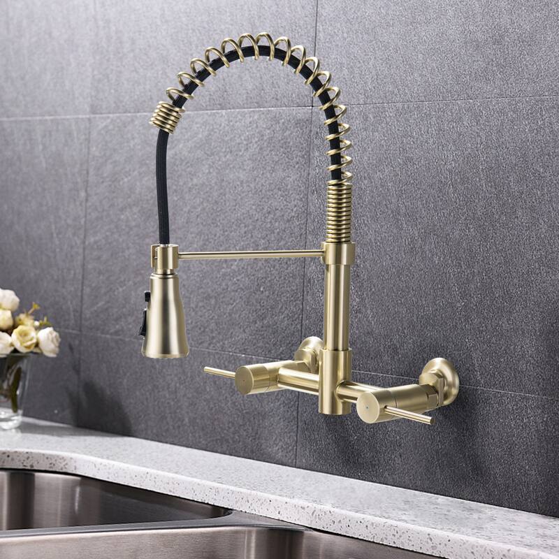 Modland Wall-Mounted Kitchen Faucet with Pull Down Sprayer 3-Function in Brushed Gold/Matte Black