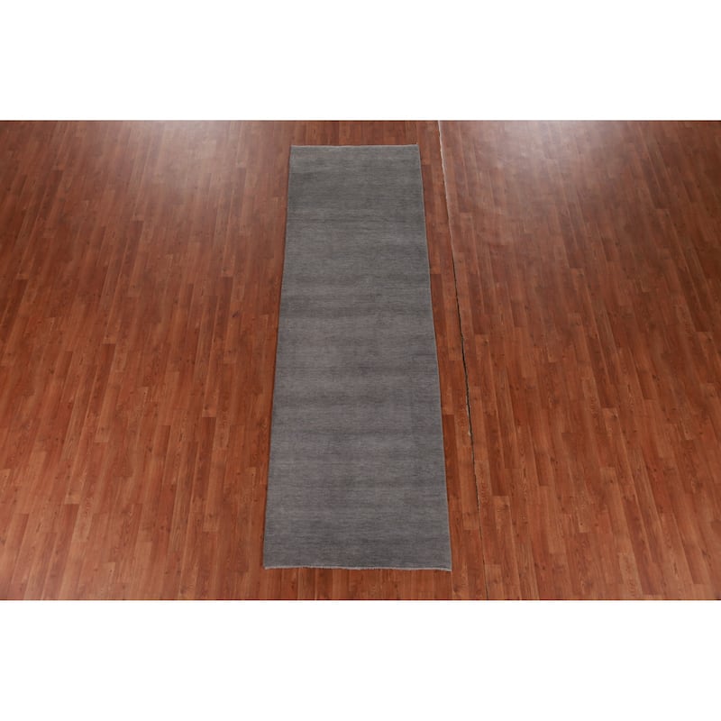 Hand Knotted Oriental 100% Wool Carpet Modern Solid Greys & Charcoal Gabbeh Runner Rug - 10' 0'' X 3' 1''