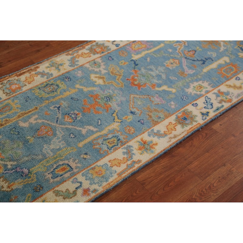 Light Blue & Ivory Oushak Indian Foyer Rug Hand-Knotted Wool Carpet - 2'6"x 6'1"