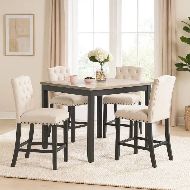 Phy 5pc Counter Table and Chairs Set, Nailheads, Tufted Beige, Brown, Black