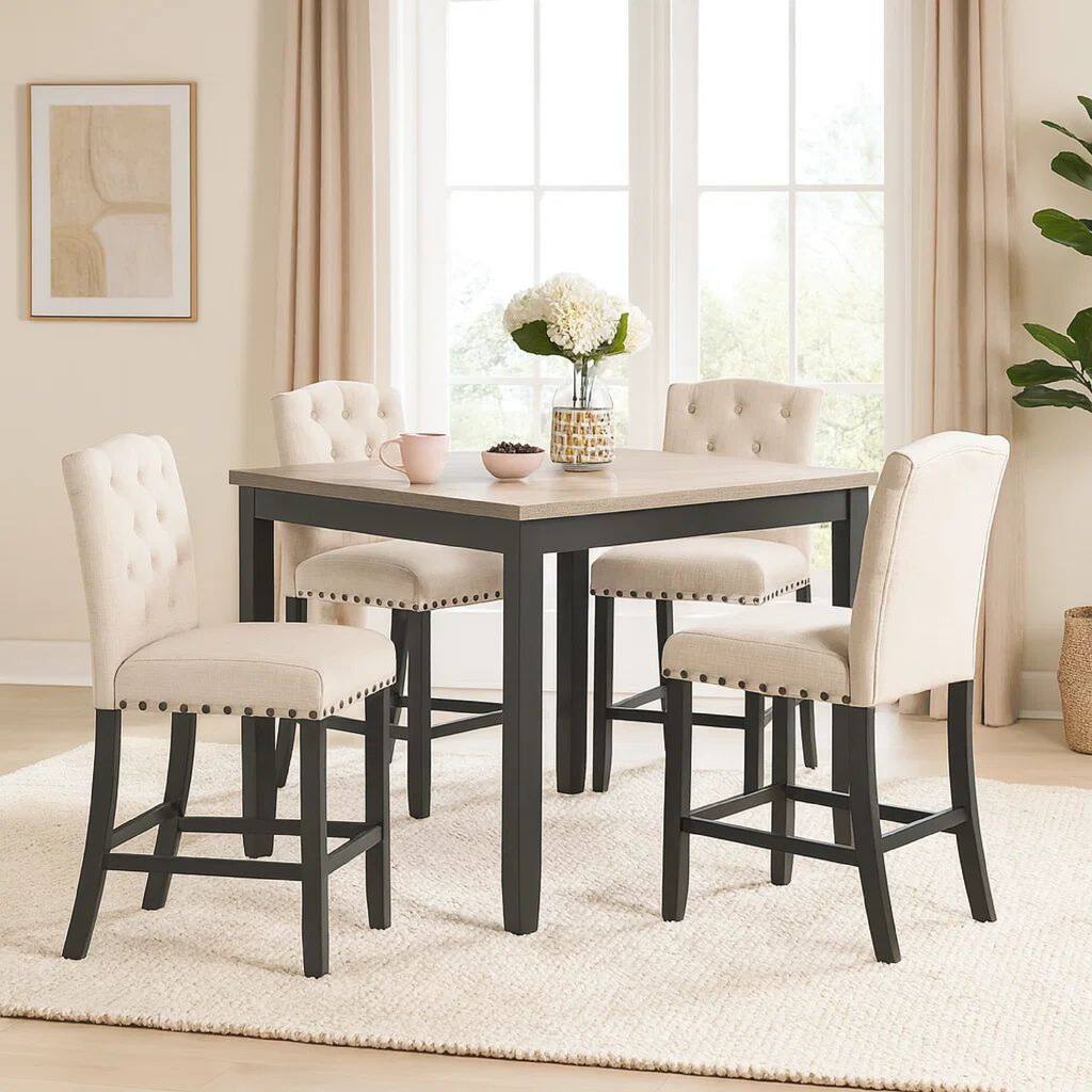 Phy 5pc Counter Table and Chairs Set, Nailheads, Tufted Beige, Brown, Black