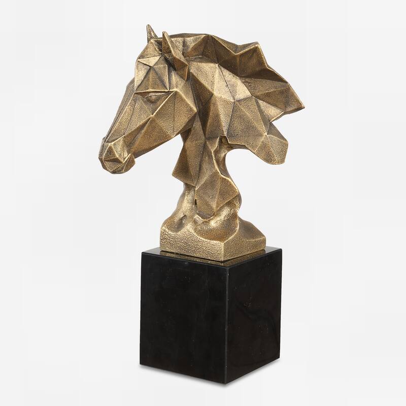 Geometric Faceted Horse Bust with Marble Base - 13.25" - Antique Gold Finish