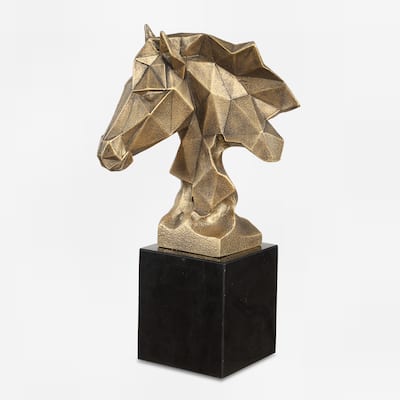 Geometric Faceted Horse Bust with Marble Base - 13.25" - Antique Gold Finish