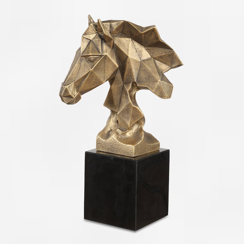 Geometric Faceted Horse Bust with Marble Base - 13.25" - Antique Gold Finish