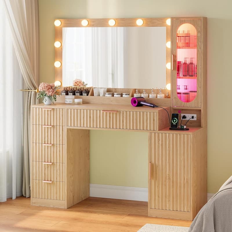 Makeup Vanity Desk Mirror LED Lights Charging Station RGB Lights Drawers Cabinet - Natural Oak