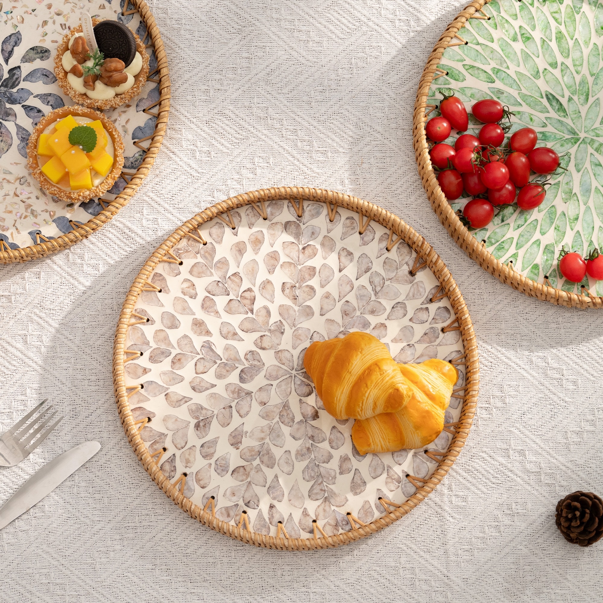 Decorative Round Coffee Table Tray, Mother of Pearl Inlay Tray, Ratten Serving Tray for Kitchen Counter, Living Room and Ottoman