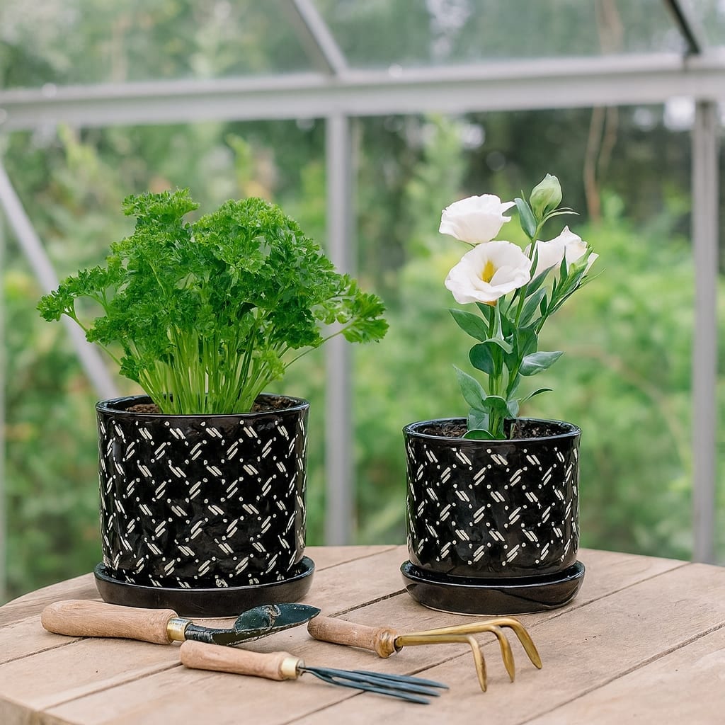 Ceramic Dots Saucer Planters Set of 2 - Black, 6/8 in.
