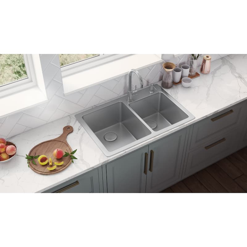 Ruvati 33 x 22 inch Drop-in Topmount Kitchen Sink 16 Gauge Stainless Steel 60/40 Double Bowl - RVM5166 - 8' x 11'