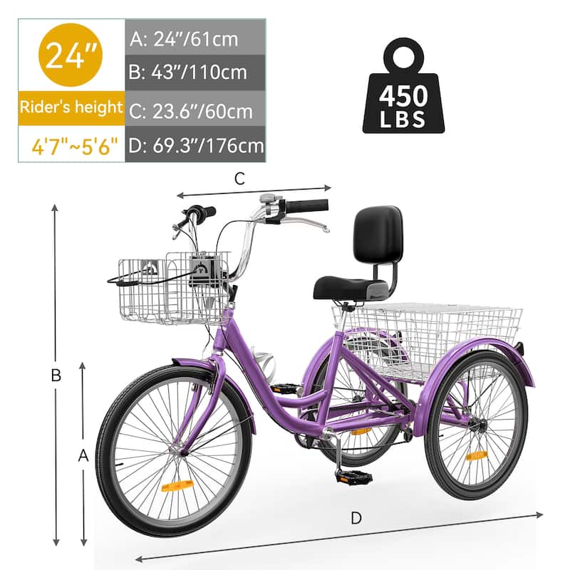24"/26" Purple Adult Tricycle 7 Speed Trike Bike with Shimano Shifting with Removable Baskets