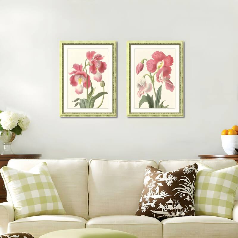 Set of 3 Pink Flower Framed Wall Art - Botanical Floral Prints with Wood Picture Frames, Antique Frame Style Wall Decor