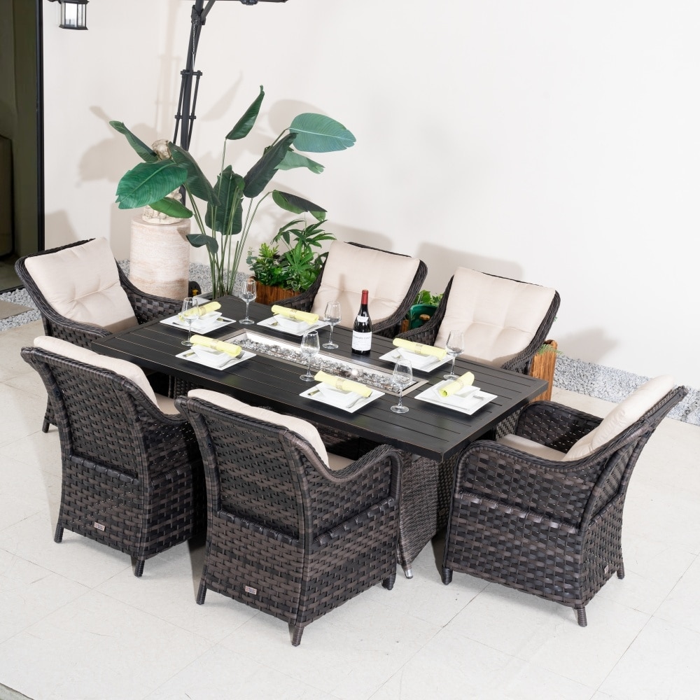 7-piece Aluminum Fire Pit Table and Wicker Chairs Set for Outdoor