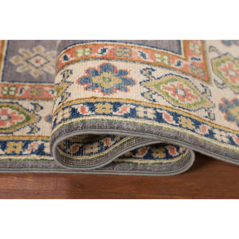 Gray Kazak Foyer Rug Hand-Knotted Geometric Wool Carpet - 2'7" x 4'2"