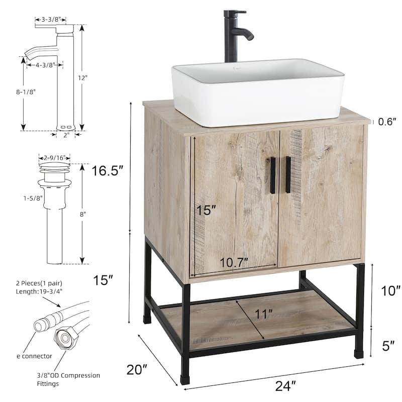 24" Bathroom Vanity Sink Combo Oak Cabinet Vanity Tempered Glass/Ceramic Sink