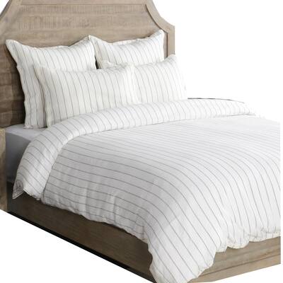 Tara Queen Size Linen Duvet Cover, Stripe Design and Mitered Corners, Ivory