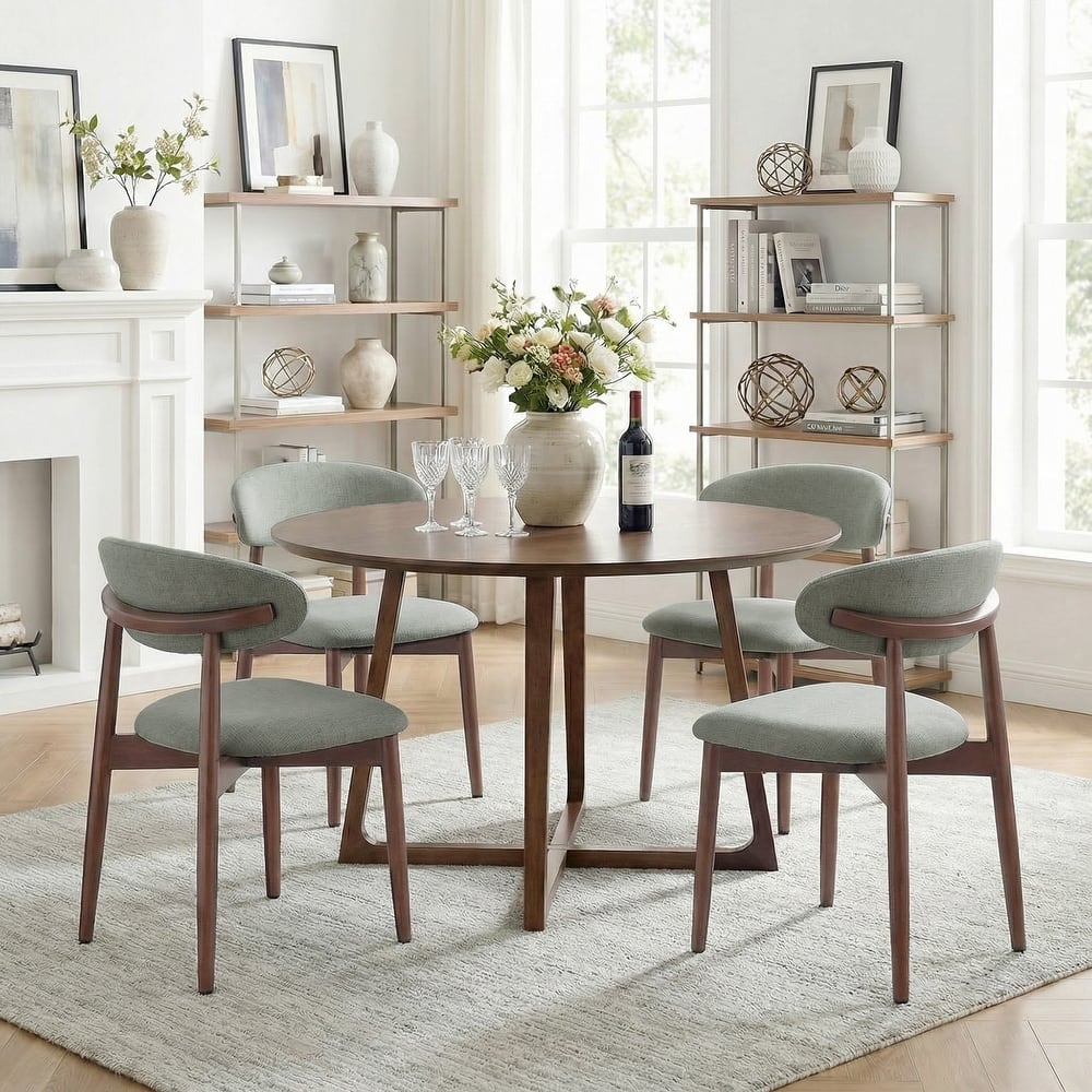 Open Back Upholstered Wood Frame Dining Chair Fabric Seat