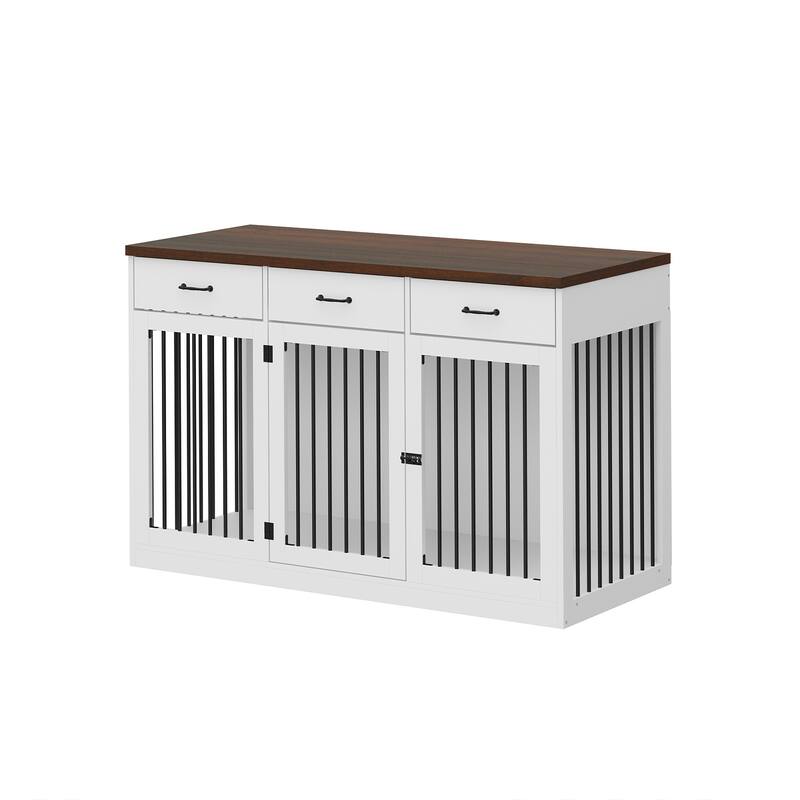 Furniture Style Dog Crate with Storage Drawers, Large Dog Kennel Cabinet with Wood Top, Double Door Pet Crate End Table
