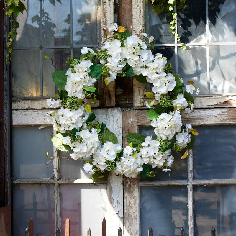 Hydrangea and Sedum Artificial Spring Floral Wreath - 32" - White and Green